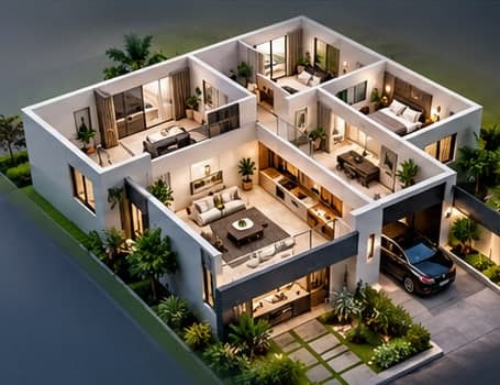 A 3D cut-away of a house showing every furnished room