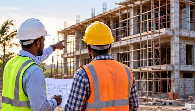 Two site engineers reviewing drawings in front of a building under construction