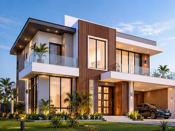 A modern two-storey house with timber cladding and glass balconies