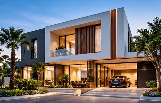 A modern house at sunset