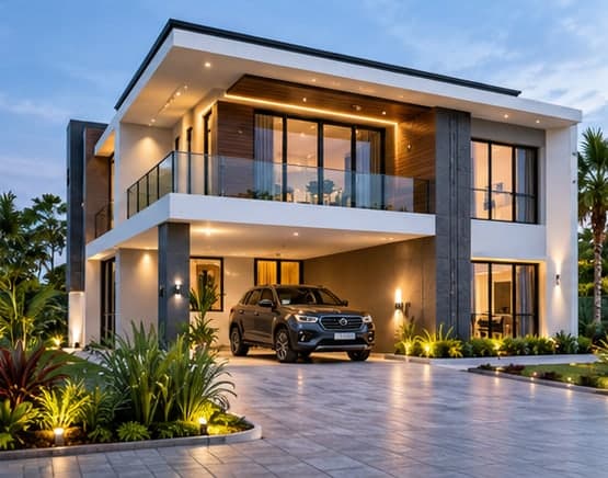 A house lit up at dusk with a car in the driveway