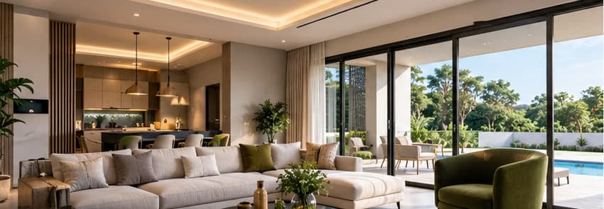 An open living room with a view of the pool